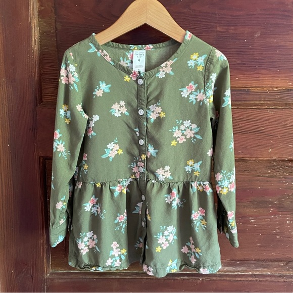 Carter's Other - 4 Flowy Viscose Woven Ruffle Hem Button-Up Blouse, Green w Pink Ditsy Floral